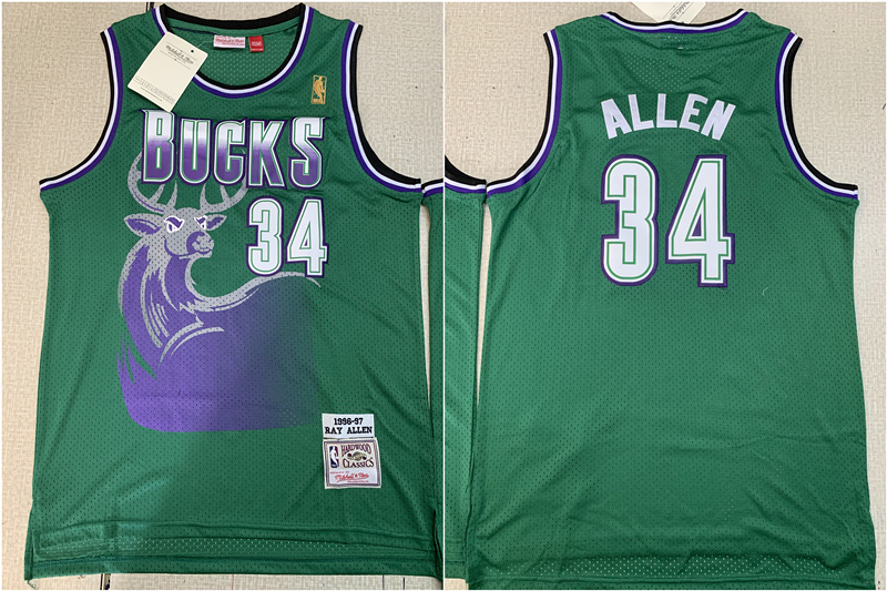 Personalized Bucks 34 Ray Allen Green 1996-97 Hardwood Classics Mesh Jersey