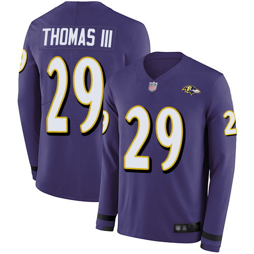 Personalized Ravens #29 Earl Thomas III Purple Team Color Men’s Stitched Football Limited Therma Long Sleeve Jersey