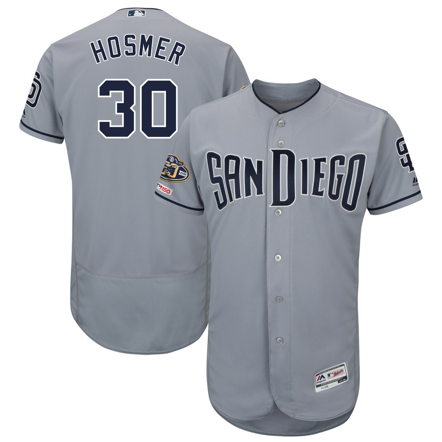 Personalized Padres 30 Eric Hosmer Gray 50th Anniversary And 150th Patch FlexBase Jersey