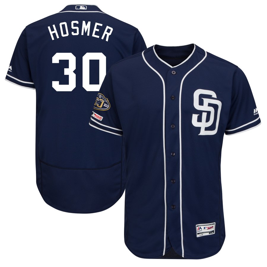 Personalized Padres 30 Eric Hosmer Navy 50th Anniversary And 150th Patch FlexBase Jersey
