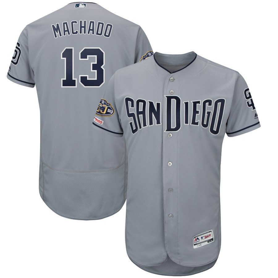 Personalized Padres 13 Manny Machado Gray 50th Anniversary And 150th Patch FlexBase Jersey
