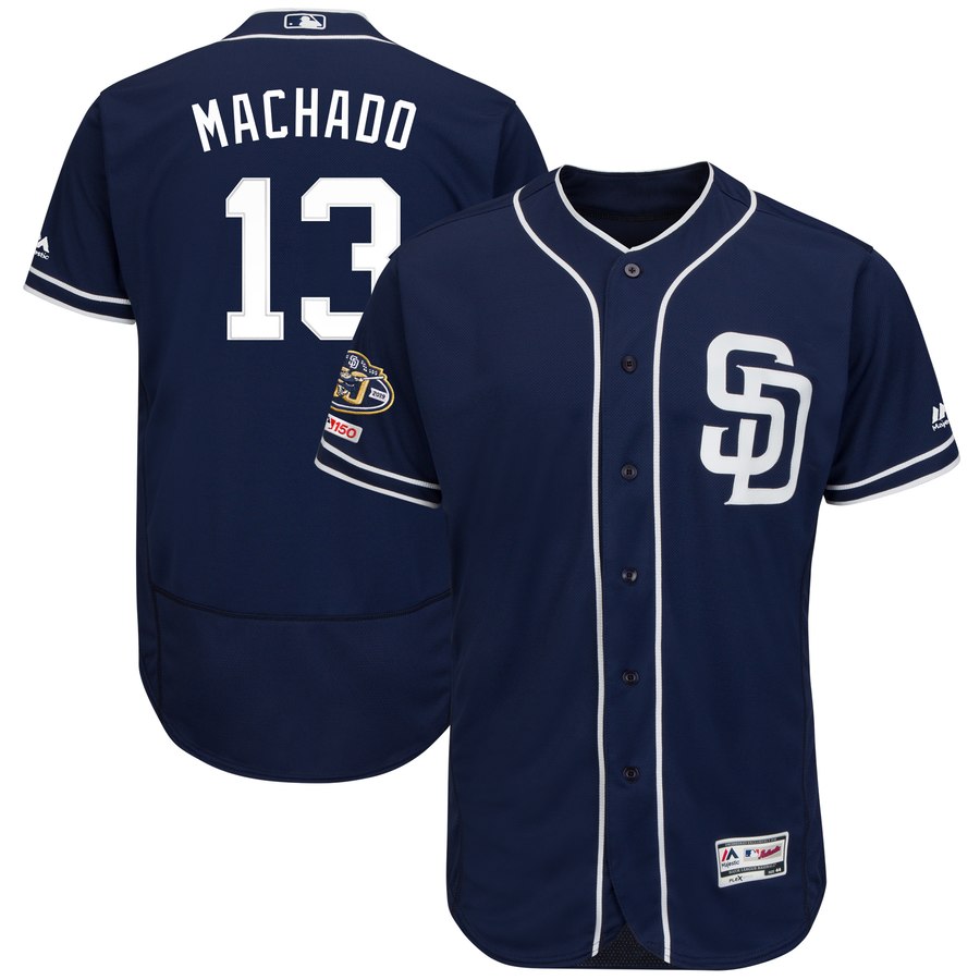 Personalized Padres 13 Manny Machado Navy 50th Anniversary And 150th Patch FlexBase Jersey