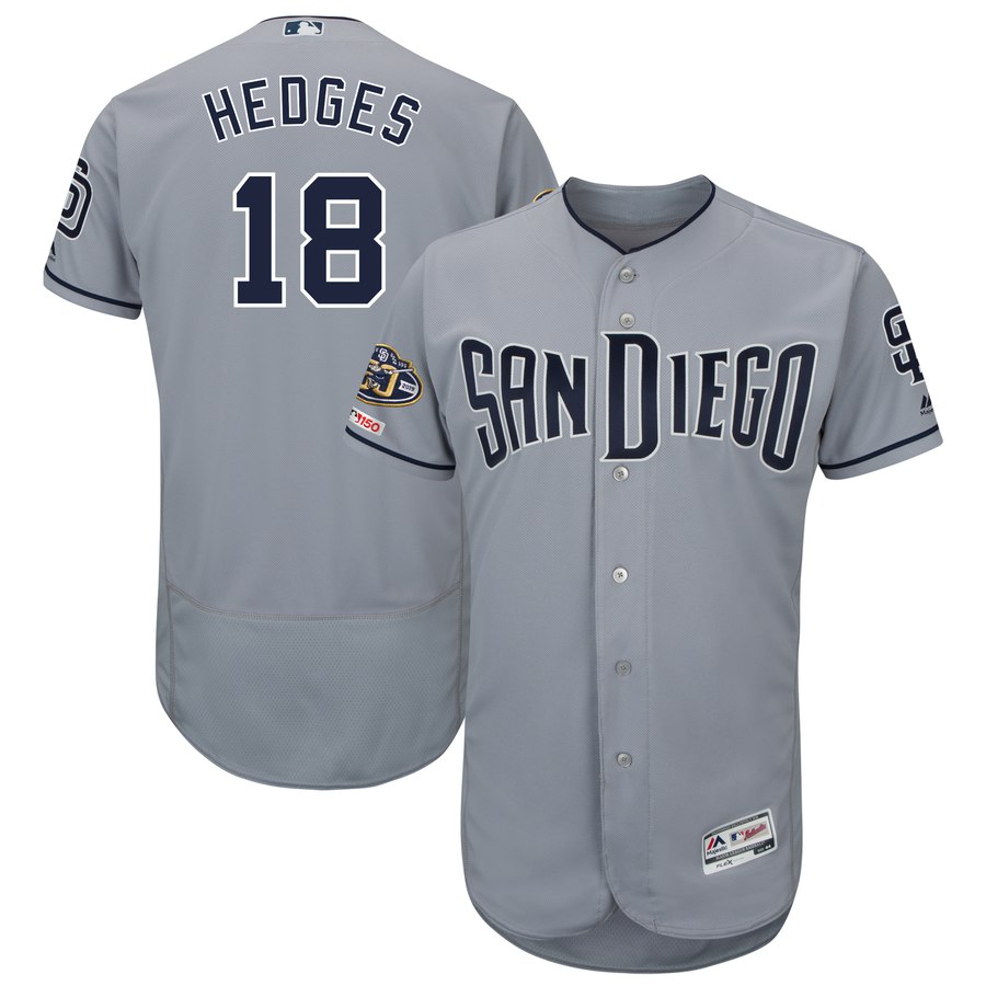 Personalized Padres 18 Austin Hedges Gray 50th Anniversary And 150th Patch FlexBase Jersey