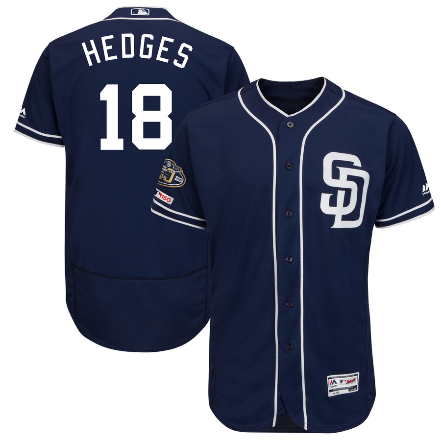 Personalized Padres 18 Austin Hedges Navy 50th Anniversary And 150th Patch FlexBase Jersey