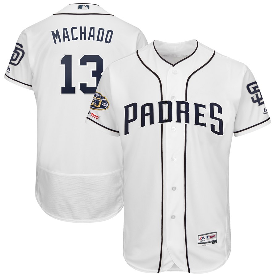 Personalized Padres 13 Manny Machado White 50th Anniversary And 150th Patch FlexBase Jersey