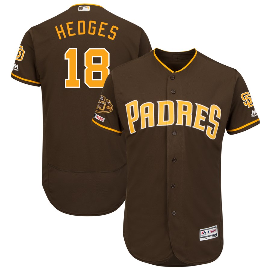 Personalized Padres 18 Austin Hedges Brown 50th Anniversary And 150th Patch FlexBase Jersey