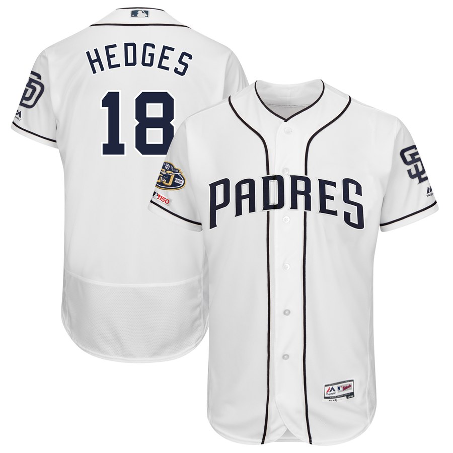 Personalized Padres 18 Austin Hedges White 50th Anniversary And 150th Patch FlexBase Jersey