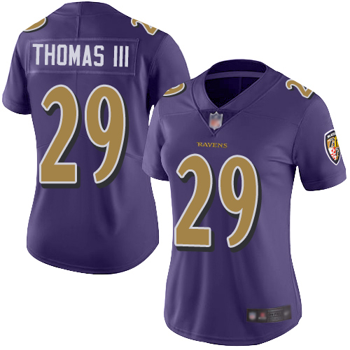 Personalized Ravens #29 Earl Thomas III Purple Women’s Stitched Football Limited Rush Jersey