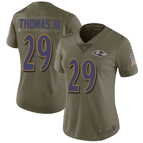 Personalized Ravens #29 Earl Thomas III Olive Women’s Stitched Football Limited 2017 Salute to Service Jersey