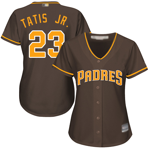 Personalized Padres #23 Fernando Tatis Jr. Brown Alternate Women’s Stitched Baseball Jersey