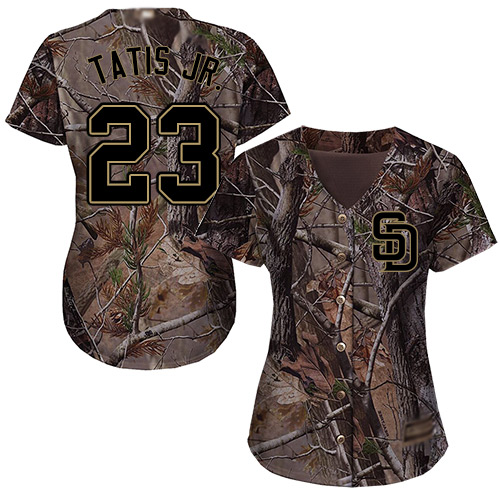 Personalized Padres #23 Fernando Tatis Jr. Camo Realtree Collection Cool Base Women’s Stitched Baseball Jersey