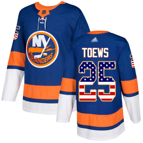 Personalized Islanders #25 Devon Toews Royal Blue Home Authentic USA Flag Stitched Hockey Jersey