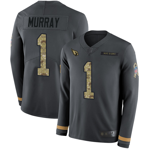 Personalized Cardinals #1 Kyler Murray Anthracite Salute to Service Men’s Stitched Football Limited Therma Long Sleeve Jersey