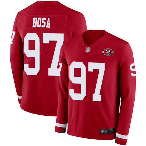 Personalized 49ers #97 Nick Bosa Red Team Color Youth Stitched Football Limited Therma Long Sleeve Jersey