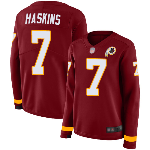 Personalized Redskins #7 Dwayne Haskins Burgundy Red Team Color Women’s Stitched Football Limited Therma Long Sleeve Jersey