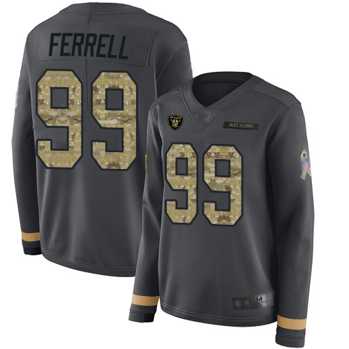 Personalized Raiders #99 Clelin Ferrell Anthracite Salute to Service Women’s Stitched Football Limited Therma Long Sleeve Jersey