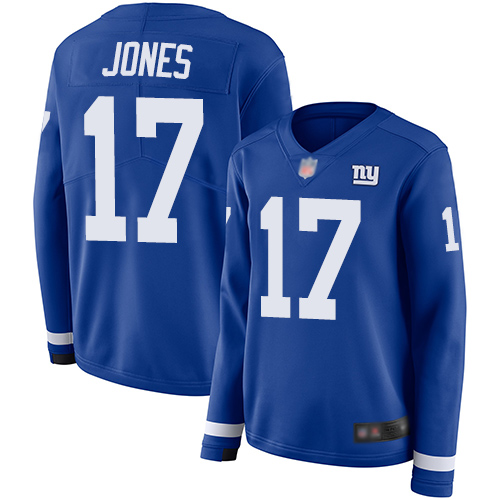 Personalized Giants #17 Daniel Jones Royal Blue Team Color Women’s Stitched Football Limited Therma Long Sleeve Jersey