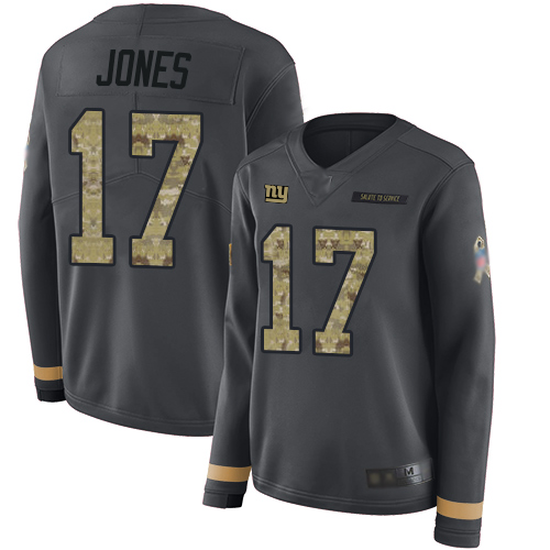 Personalized Giants #17 Daniel Jones Anthracite Salute to Service Women’s Stitched Football Limited Therma Long Sleeve Jersey