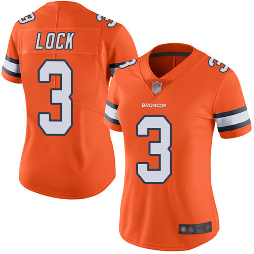 Personalized Broncos #3 Drew Lock Orange Women’s Stitched Football Limited Rush Jersey