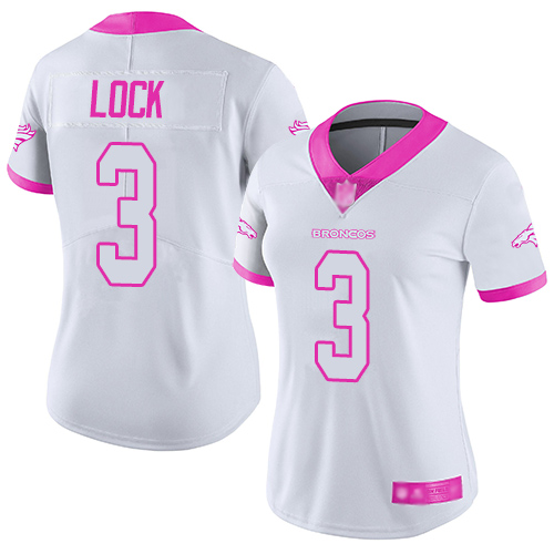 Personalized Broncos #3 Drew Lock White Pink Women’s Stitched Football Limited Rush Fashion Jersey