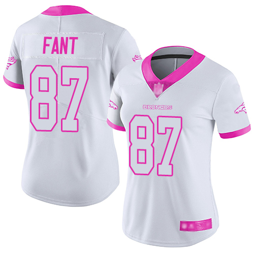 Personalized Broncos #87 Noah Fant White Pink Women’s Stitched Football Limited Rush Fashion Jersey
