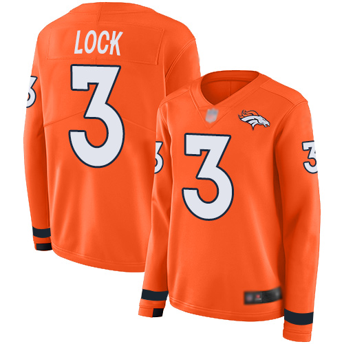 Personalized Broncos #3 Drew Lock Orange Team Color Women’s Stitched Football Limited Therma Long Sleeve Jersey