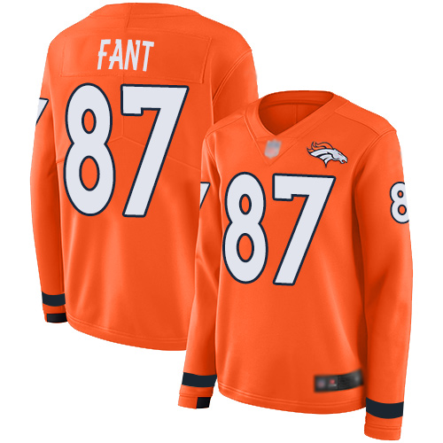 Personalized Broncos #87 Noah Fant Orange Team Color Women’s Stitched Football Limited Therma Long Sleeve Jersey