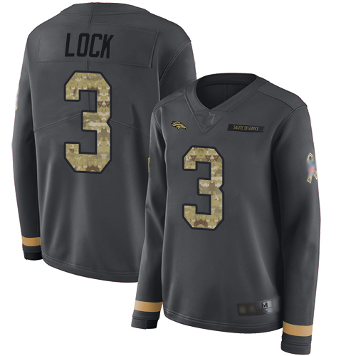 Personalized Broncos #3 Drew Lock Anthracite Salute to Service Women’s Stitched Football Limited Therma Long Sleeve Jersey