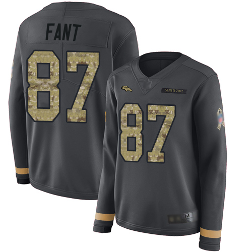 Personalized Broncos #87 Noah Fant Anthracite Salute to Service Women’s Stitched Football Limited Therma Long Sleeve Jersey