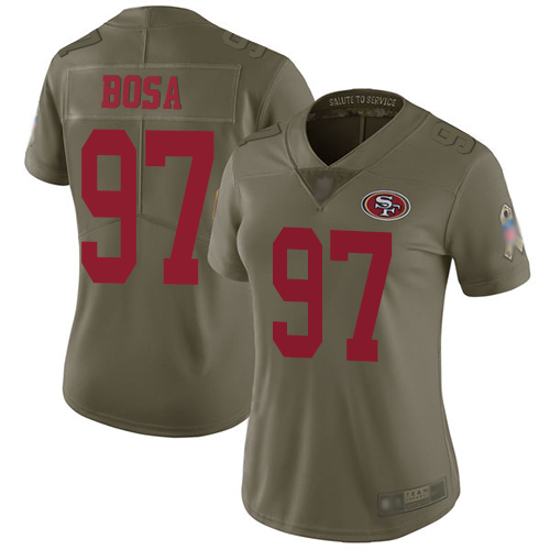 Personalized 49ers #97 Nick Bosa Olive Women’s Stitched Football Limited 2017 Salute to Service Jersey