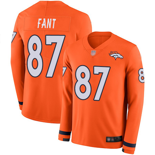 Personalized Broncos #87 Noah Fant Orange Team Color Youth Stitched Football Limited Therma Long Sleeve Jersey