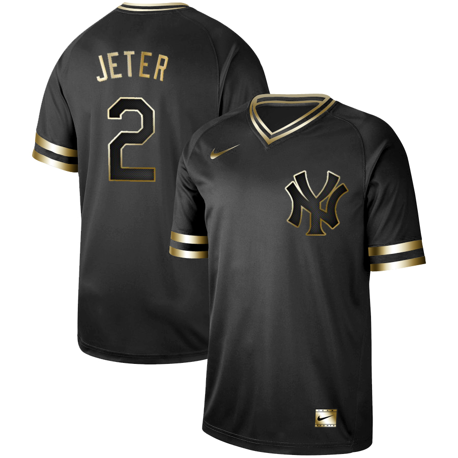 Personalized Yankees 2 Derek Jeter Black Gold Cooperstown Collection Legend V Neck Jersey