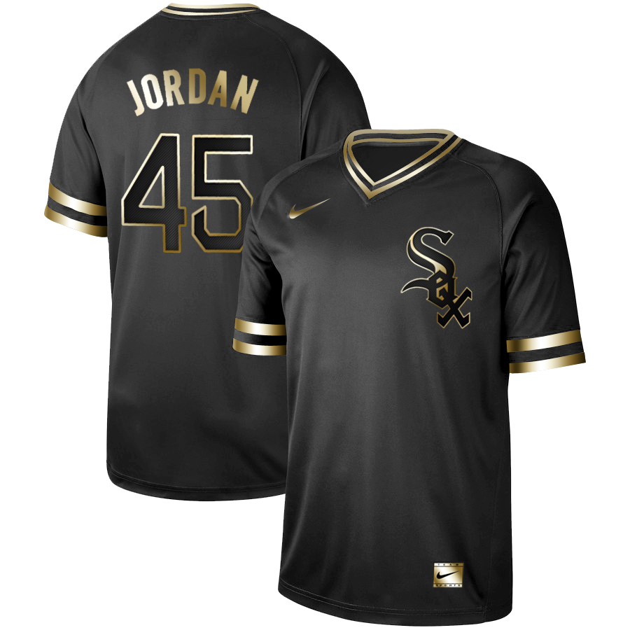 Personalized White Sox 45 Michael Jordan Black Gold Cooperstown Collection Legend V Neck Jersey
