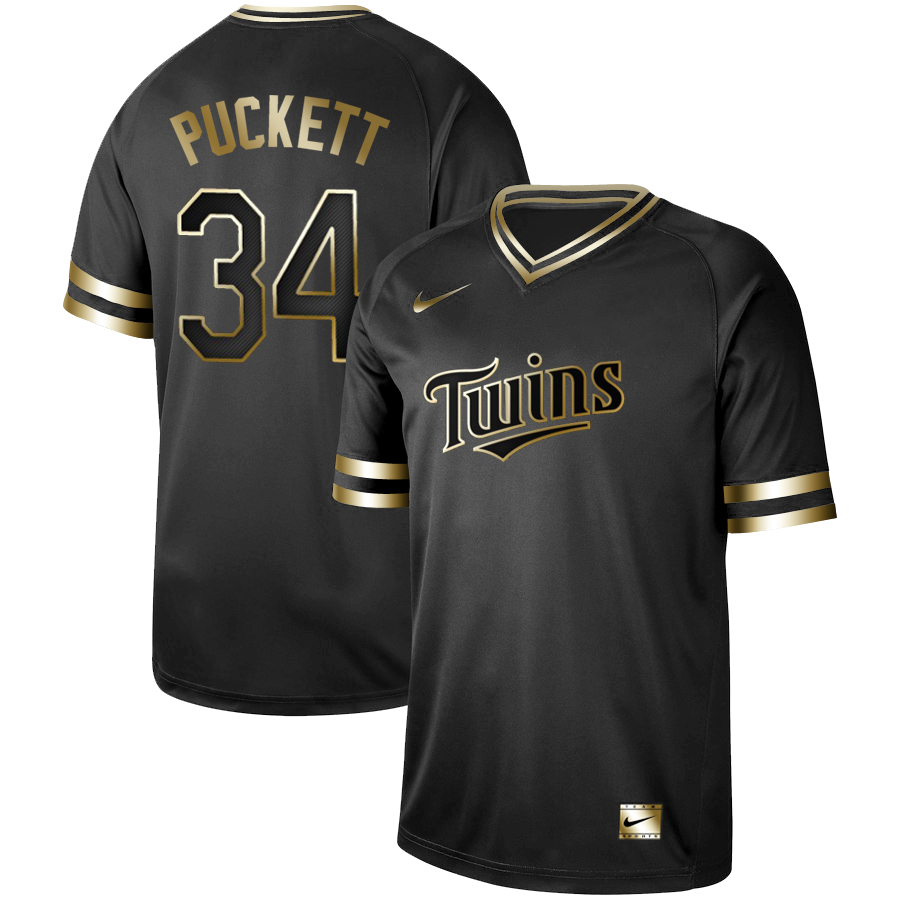 Personalized Twins 34 Kirby Puckett Black Gold Cooperstown Collection Legend V Neck Jersey