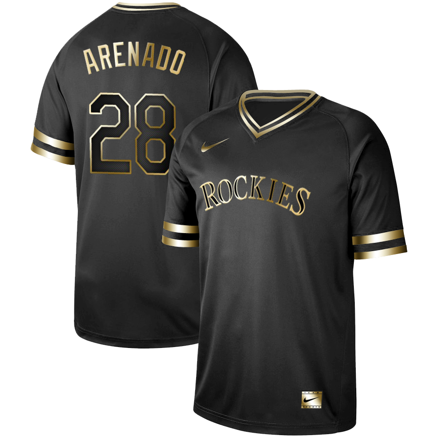 Personalized Rockies 28 Nolan Arenado Black Gold Cooperstown Collection Legend V Neck Jersey