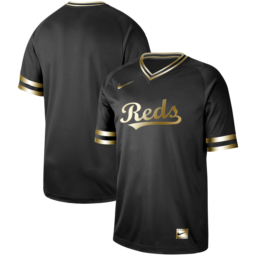 Personalized Reds Blank Black Gold Cooperstown Collection Legend V Neck Jersey