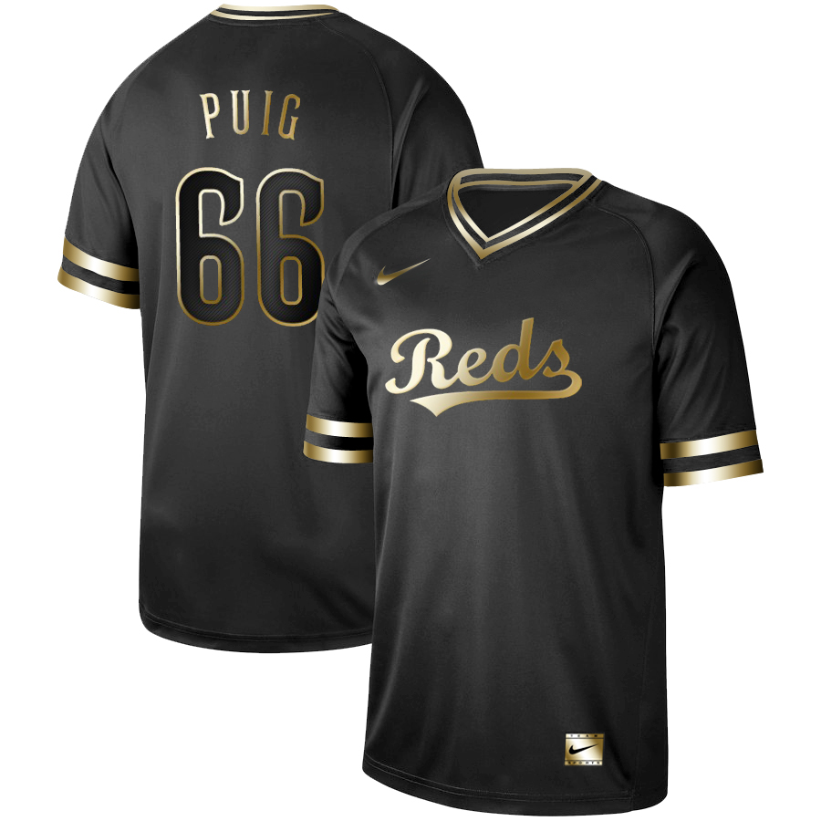 Personalized Reds 66 Yasiel Puig Black Gold Cooperstown Collection Legend V Neck Jersey