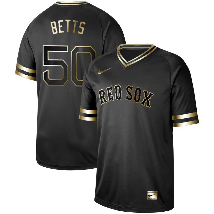 Personalized Red Sox 50 Mookie Betts Black Gold Cooperstown Collection Legend V Neck Jersey