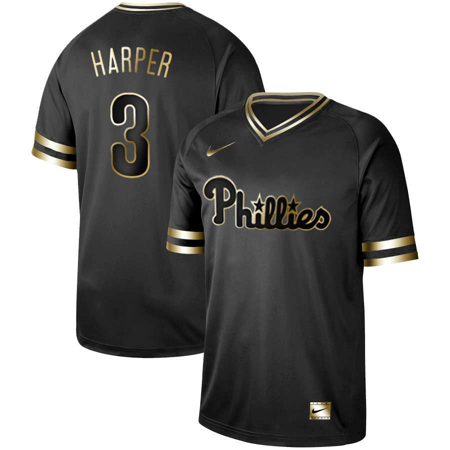 Personalized Phillies 3 Bryce Harper Black Gold Cooperstown Collection Legend V Neck Jersey