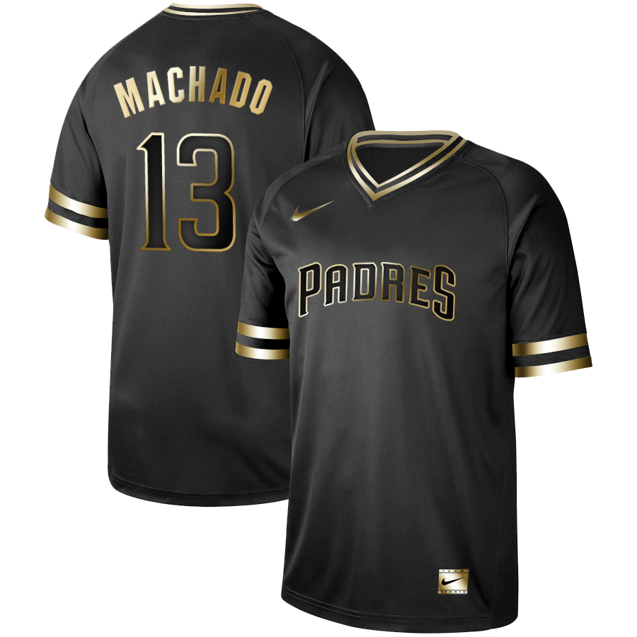 Personalized Padres 13 Manny Machado Black Gold Cooperstown Collection Legend V Neck Jersey