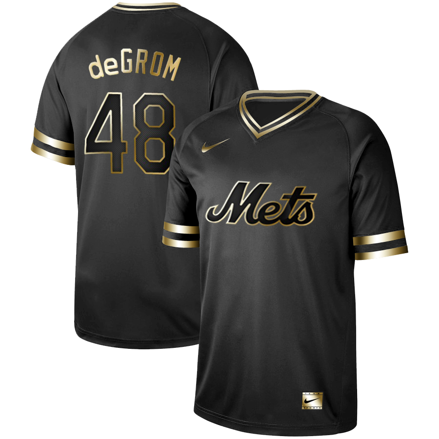 Personalized Mets 48 Jacob DeGrom Black Gold Cooperstown Collection Legend V Neck Jersey