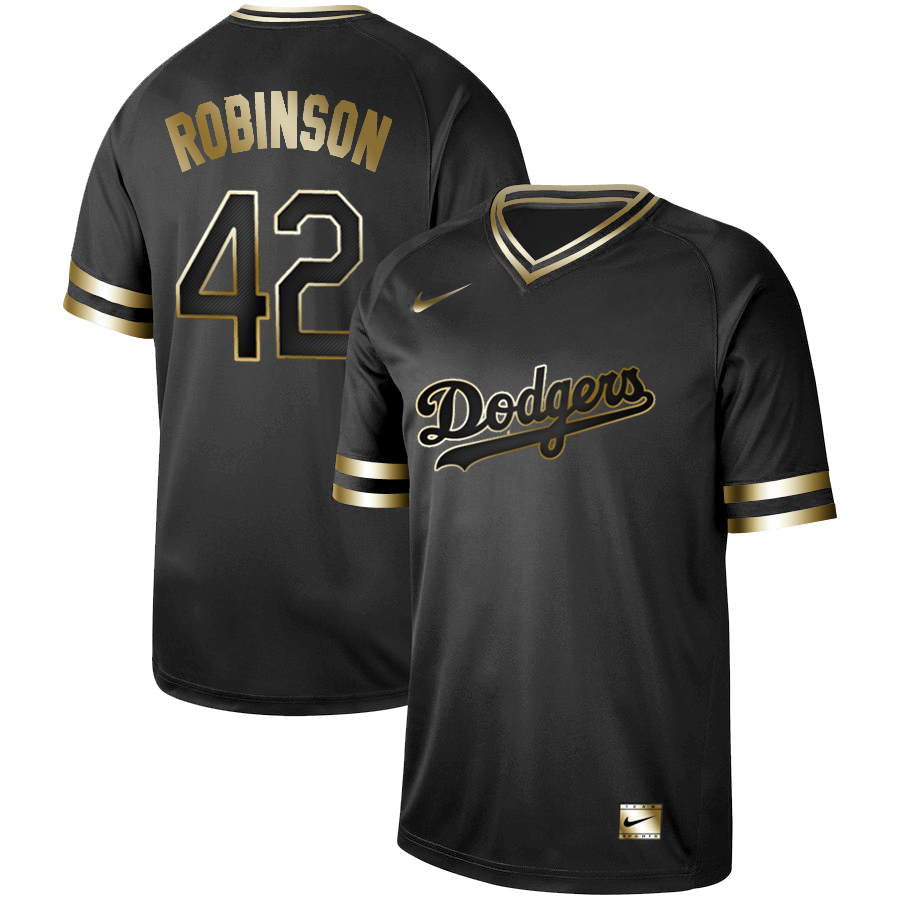 Personalized Dodgers 42 Jackie Robinson Black Gold Cooperstown Collection Legend V Neck Jersey