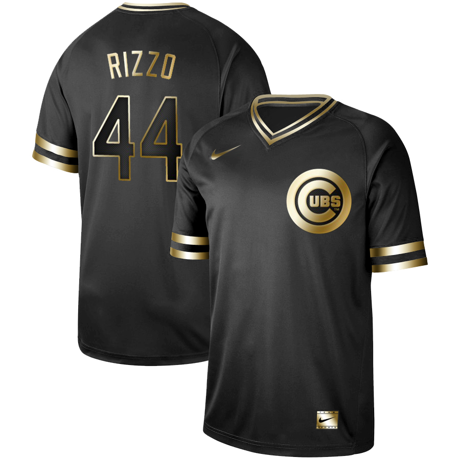 Personalized Cubs 44 Anthony Rizzo Black Gold Cooperstown Collection Legend V Neck Jersey