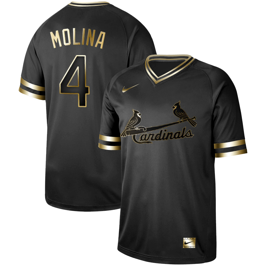 Personalized Cardinals 4 Yadier Molina Black Gold Cooperstown Collection Legend V Neck Jersey