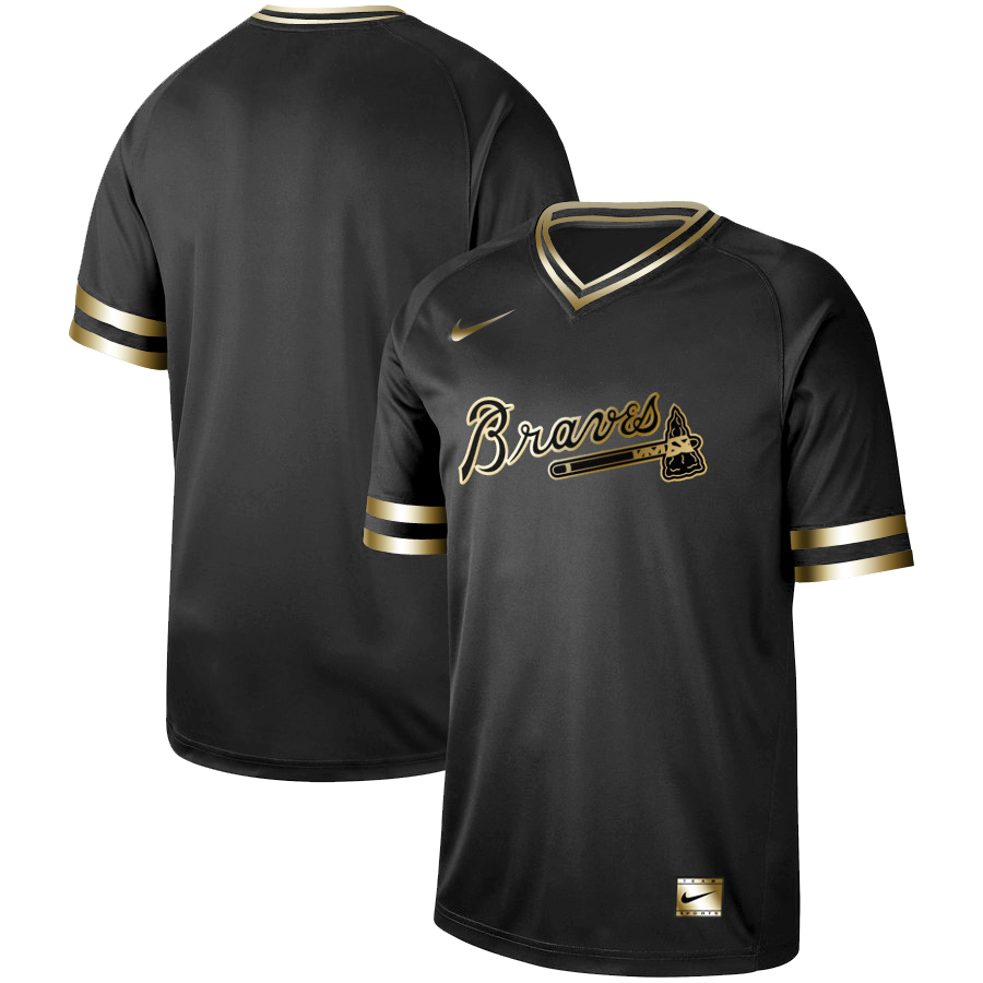 Personalized Braves Blank Black Gold Cooperstown Collection Legend V Neck Jersey