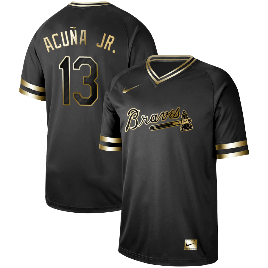Personalized Braves 13 Ronald Acuna Jr Black Gold Cooperstown Collection Legend V Neck Jersey