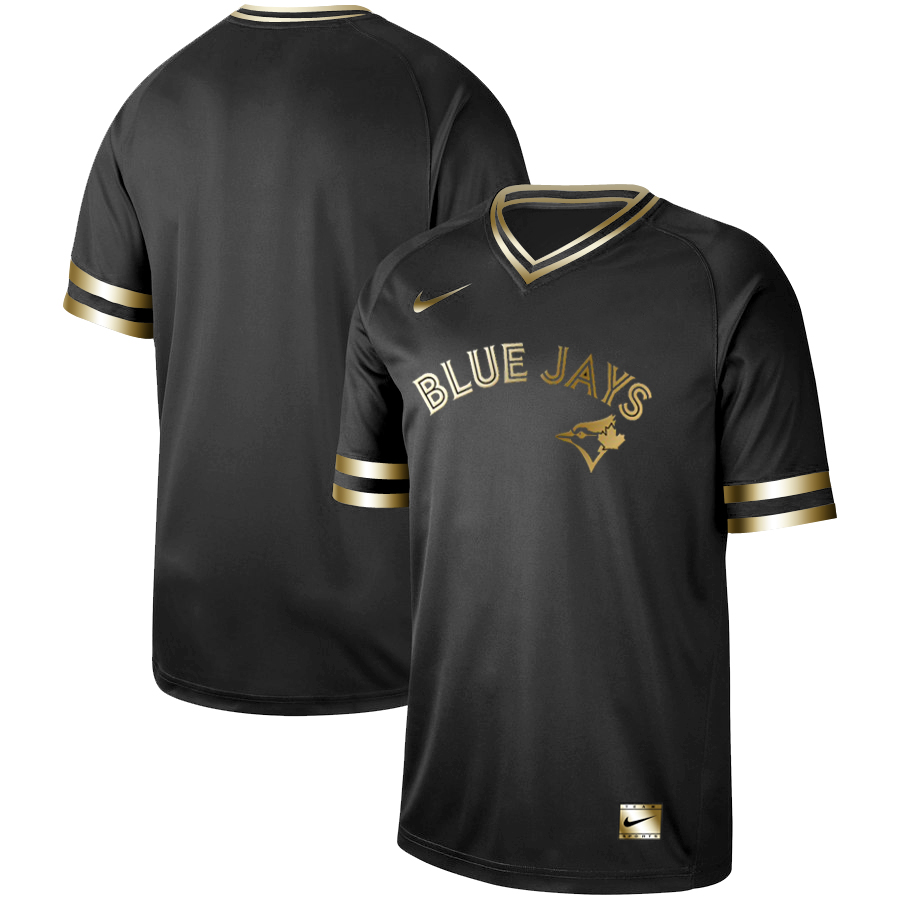 Personalized Blue Jays Blank Black Gold Cooperstown Collection Legend V Neck Jersey