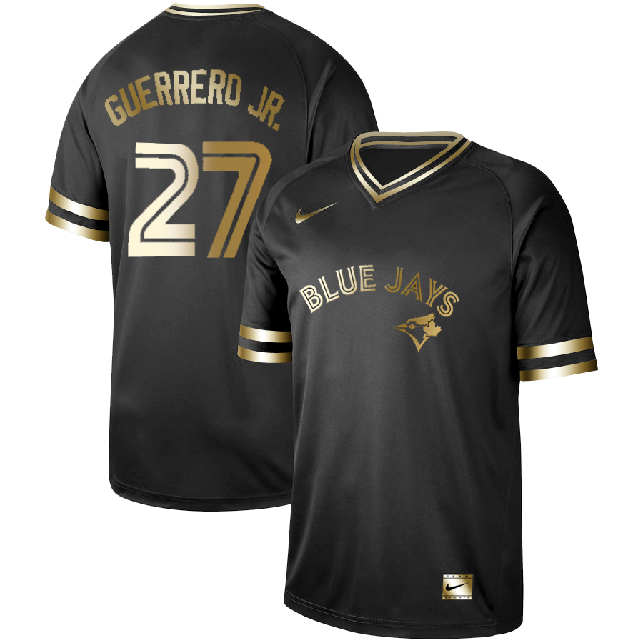 Personalized Blue Jays 27 Vladimir Guerrero Jr. Black Gold Cooperstown Collection Legend V Neck Jersey