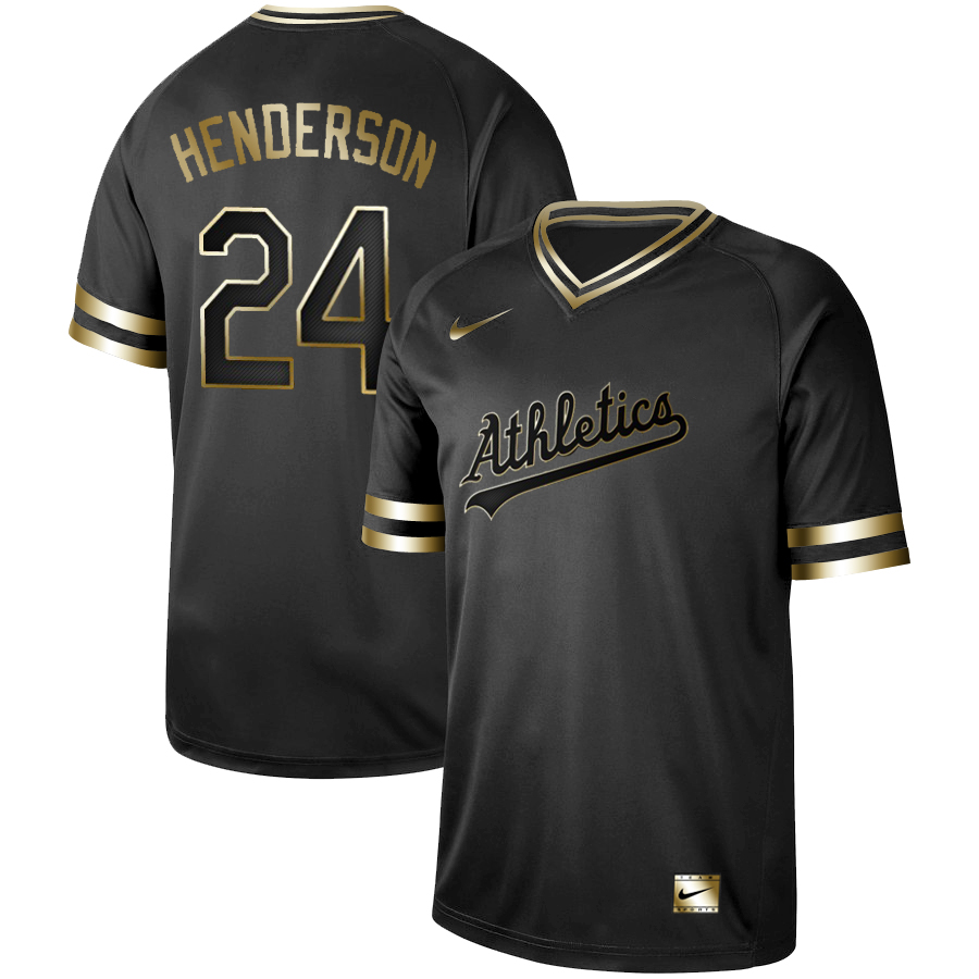 Personalized Athletics 24 Rickey Henderson Black Gold Cooperstown Collection Legend V Neck Jersey