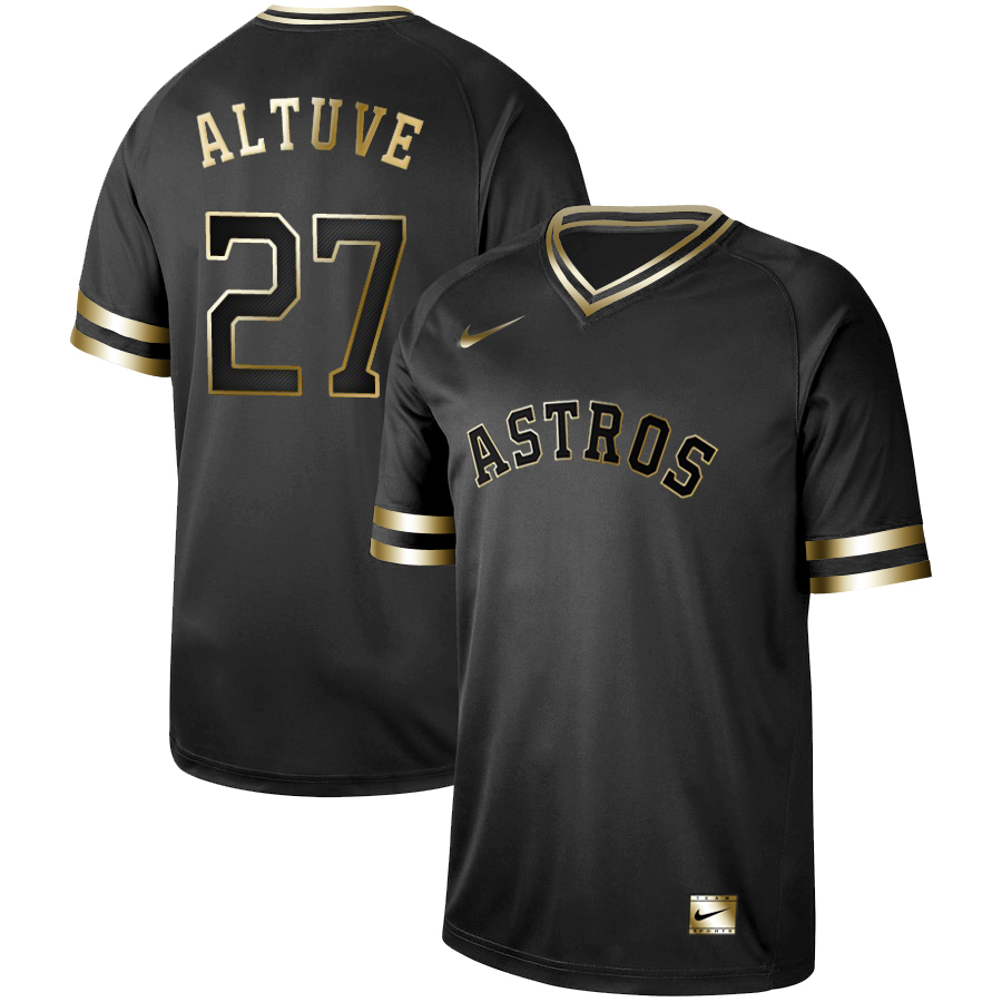 Personalized Astros 27 Jose Altuve Black Gold Cooperstown Collection Legend V Neck Jersey
